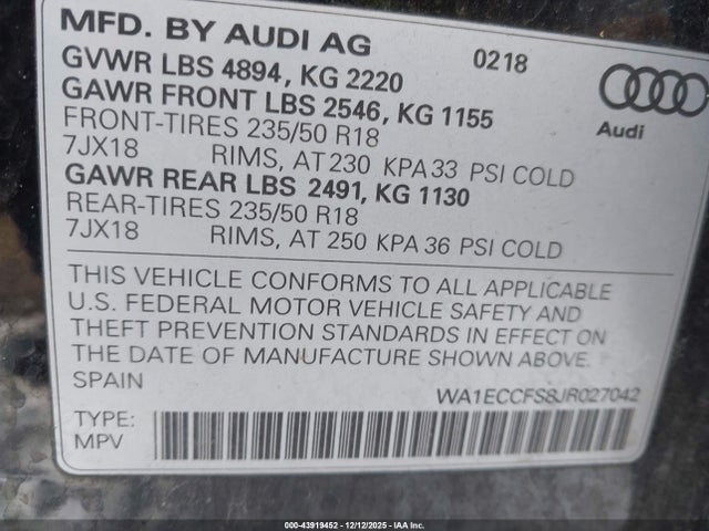 Aukcja sprzedaży 2018 Audi Q3 2.0t Premium/2.0t Sport Premium, vin: WA1ECCFS8JR027042, numer aukcji: 43919452