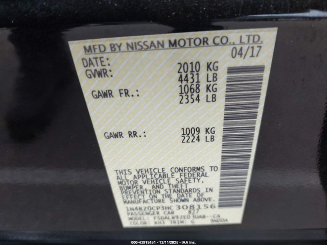 1N4BZ0CP3HC308156 Nissan LEAF S