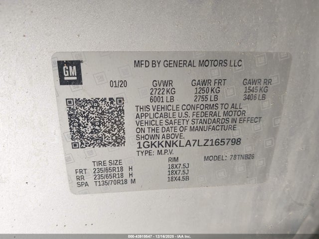 1GKKNKLA7LZ165798 GMC Acadia Fwd Sle