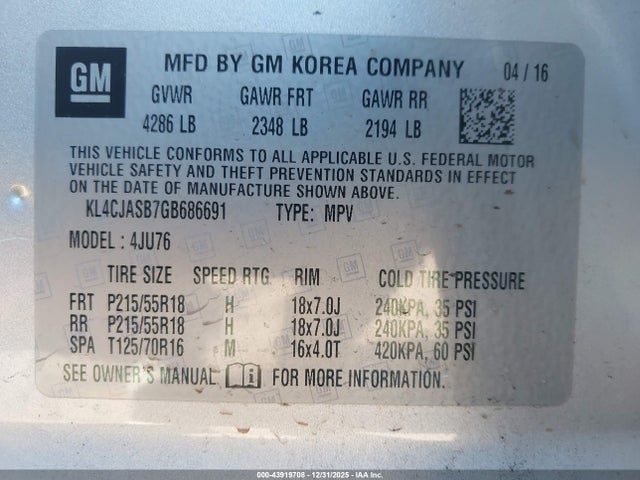 43919708 :رقم المزاد ، KL4CJASB7GB686691 vin ، 2016 Buick Encore مزاد بيع
