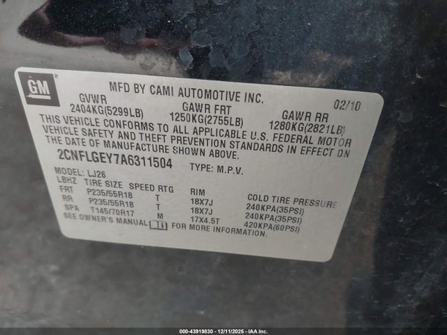 Продаж на аукціоні авто 2010 Chevrolet Equinox Ltz, vin: 2CNFLGEY7A6311504, номер лоту: 43919830
