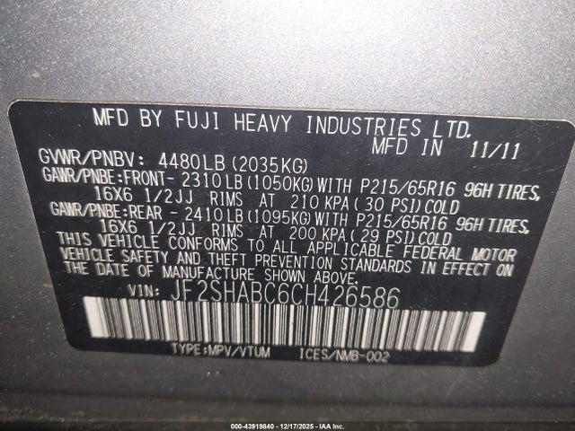 43919840 :رقم المزاد ، JF2SHABC6CH426586 vin ، 2012 Subaru Forester 2.5x مزاد بيع