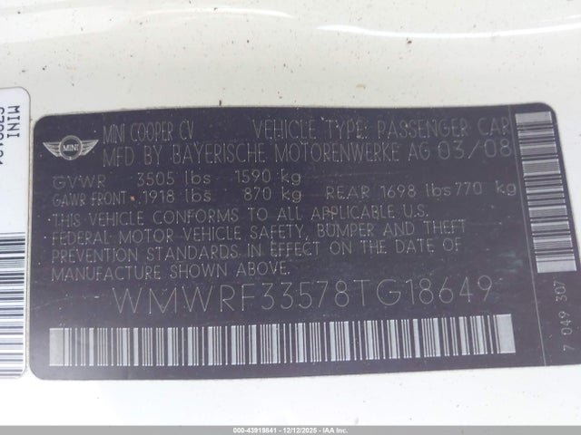 2008 MINI COOPER WMWRF33578TG18649 Photo 8