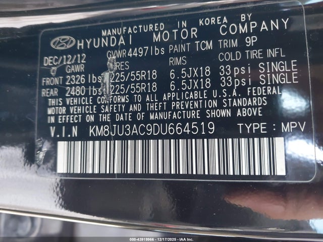 Aukcja sprzedaży 2013 Hyundai Tucson Limited, vin: KM8JU3AC9DU664519, numer aukcji: 43919966