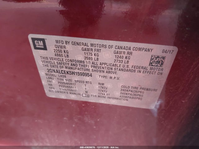 Chevrolet EQUINOX LT 2017 2GNALCEK5H1590954 Image 9