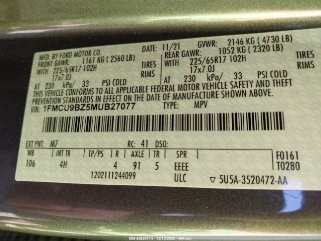 2021 FORD ESCAPE 1FMCU9BZ5MUB27077 Photo 8