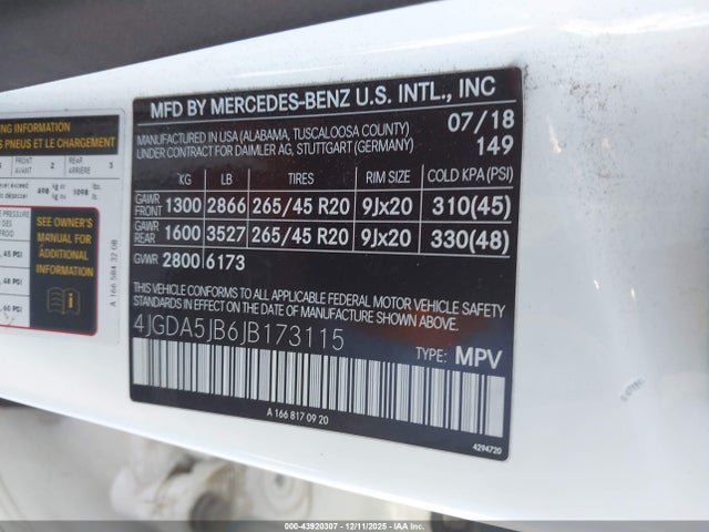 4JGDA5JB6JB173115 Mercedes-Benz m276