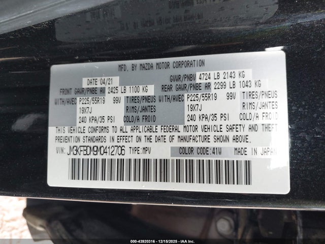 43920316 :رقم المزاد ، JM3KFBDM9M0412706 vin ، 2021 Mazda Cx-5 Grand Touring مزاد بيع