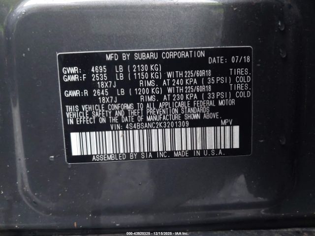 2019 SUBARU OUTBACK 4S4BSANC2K3201309 Photo 8