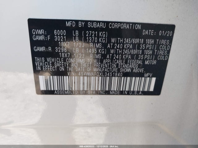Aukcja sprzedaży 2020 Subaru Ascent Premium, vin: 4S4WMAFDXL3451840, numer aukcji: 43920333