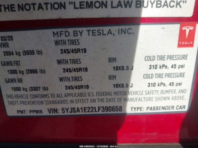 2020 TESLA MODEL S 5YJSA1E22LF390658 Photo 8