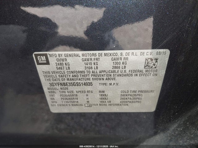 2016 CADILLAC SRX 3GYFNBE35GS514935 Photo 8