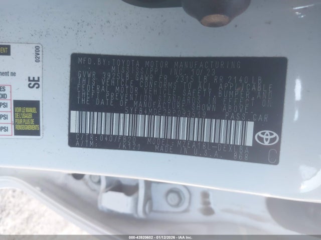 2024 Toyota Corolla Le მანქანა იყიდება აუქციონზე, vin: 5YFB4MDE2RP093519, აუქციონის ნომერი: 43920602