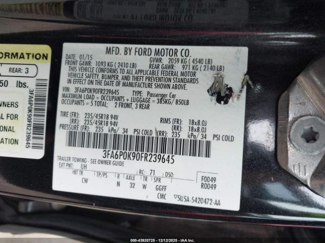 2015 FORD FUSION 3FA6P0K90FR239645 Photo 8