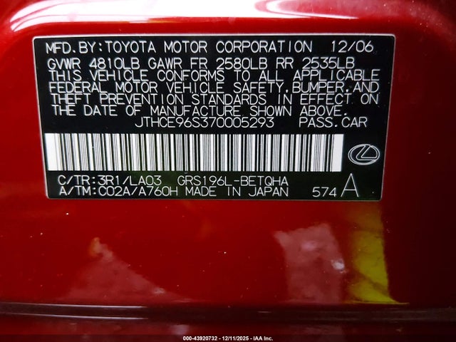 Aukcja sprzedaży 2007 Lexus Gs 350, vin: JTHCE96S370005293, numer aukcji: 43920732