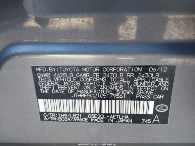 2012 LEXUS IS 250 JTHBF5C21C5179561 Photo 8