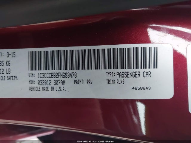 43920790 :رقم المزاد ، 1C3CCCBB2FN693478 vin ، 2015 Chrysler 200 S مزاد بيع