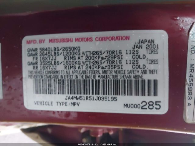 2001 MITSUBISHI MONTERO JA4MW51R51J035195 Photo 8