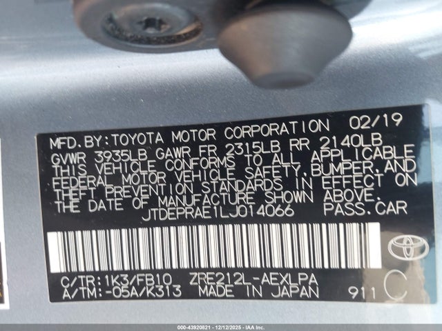 JTDEPRAE1LJ014066 Toyota COROLLA LE