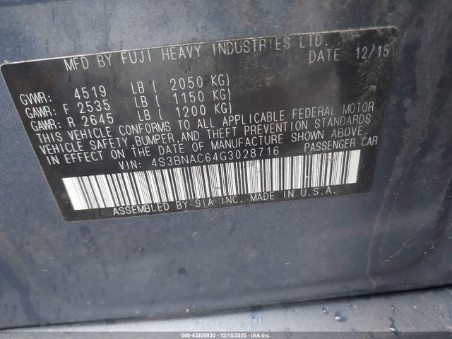Subaru Legacy 2.5i Premium 2016 4S3BNAC64G3028716 Image 9