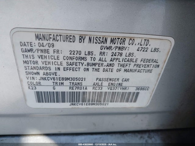 2009 INFINITI G37 JNKCV61E89M305021 Photo 8