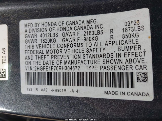 Honda CIVIC EX 2024 2HGFE1F70RH304672 Image 9