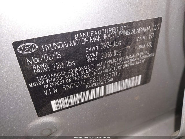 Продажа на аукционе авто 2018 Hyundai Elantra Se, vin: 5NPD74LF8JH330705, номер лота: 43921028