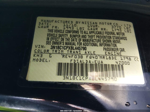 Продажа на аукционе авто 2011 Nissan Versa 1.8s, vin: 3N1BC1CPXBL445790, номер лота: 43921128