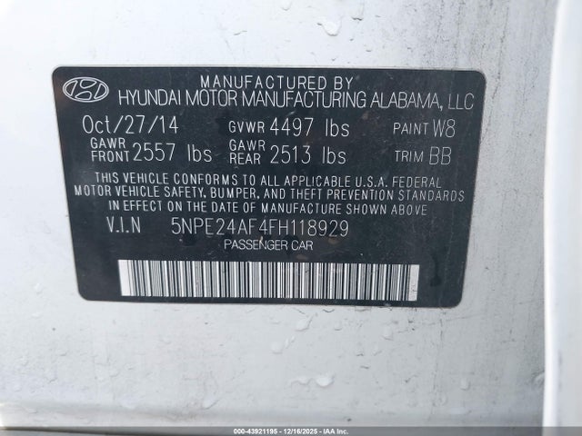 5NPE24AF4FH118929 Hyundai SONATA SE