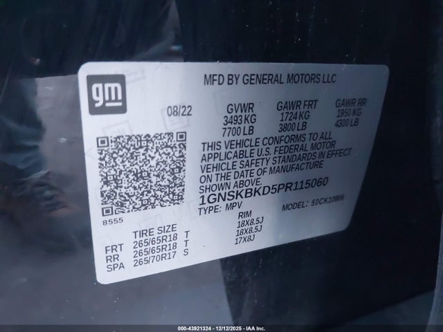 2023 Chevrolet Suburban 4wd Ls მანქანა იყიდება აუქციონზე, vin: 1GNSKBKD5PR115060, აუქციონის ნომერი: 43921324