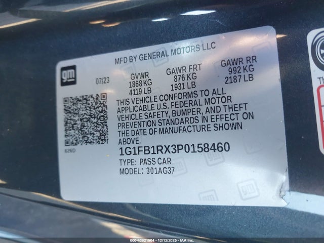 Aukcja sprzedaży 2023 Chevrolet Camaro Rwd  1lt, vin: 1G1FB1RX3P0158460, numer aukcji: 43921504