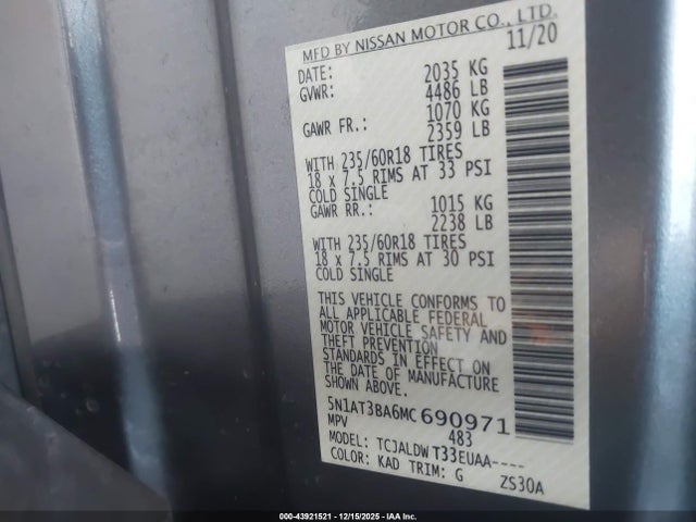 5N1AT3BA6MC690971 Nissan Rogue Sv Fwd