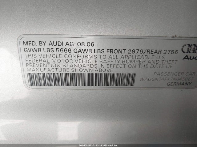 2007 AUDI S6 WAUGN74FX7N045867 Photo 8