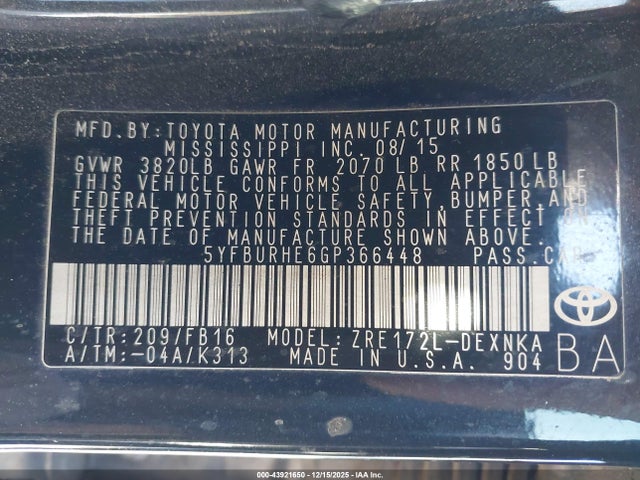 5YFBURHE6GP366448 Toyota COROLLA LE