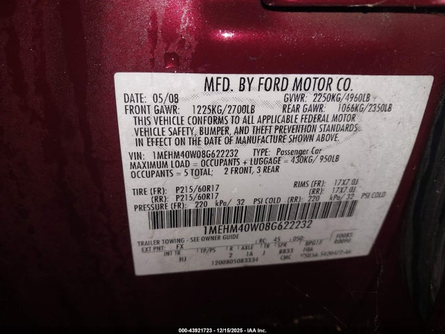 Aukcja sprzedaży 2008 Mercury Sable Luxury, vin: 1MEHM40W08G622232, numer aukcji: 43921723