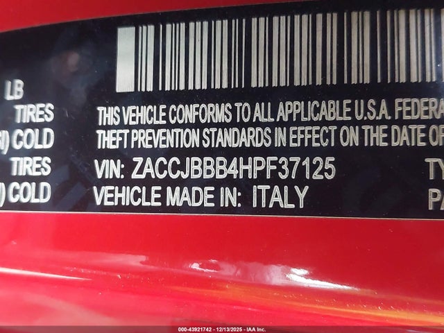 Продажа на аукционе авто 2017 Jeep Renegade Latitude 4x4, vin: ZACCJBBB4HPF37125, номер лота: 43921742