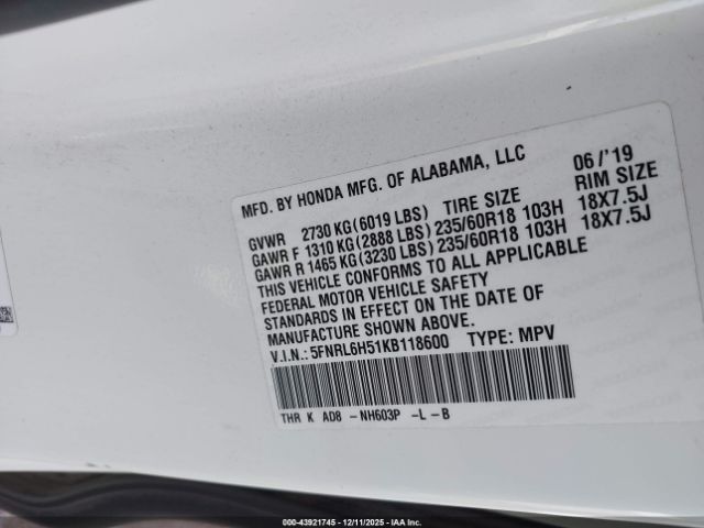 2019 HONDA ODYSSEY 5FNRL6H51KB118600 Photo 8