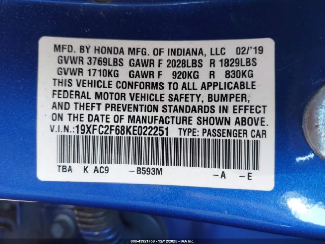 2019 HONDA CIVIC 19XFC2F68KE022251 Photo 8