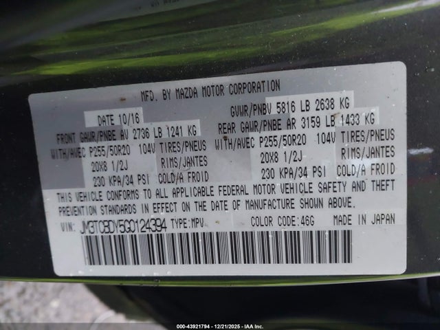 JM3TCBDY5G0124394 Mazda Cx-9 Grand Touring