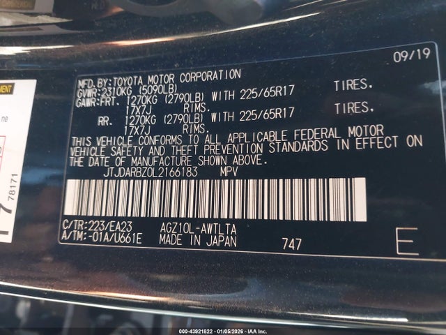 Aukcja sprzedaży 2020 Lexus Nx 300, vin: JTJDARBZ0L2166183, numer aukcji: 43921822