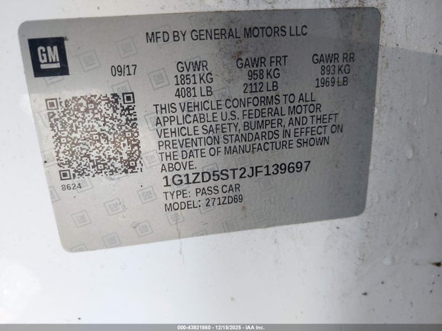 Продажа на аукционе авто 2018 Chevrolet Malibu Lt, vin: 1G1ZD5ST2JF139697, номер лота: 43921980
