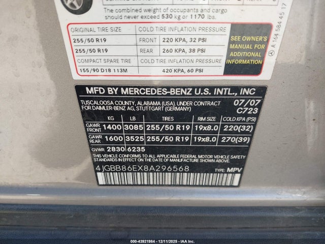 Продаж на аукціоні авто 2008 Mercedes-benz Ml 350 4matic, vin: 4JGBB86EX8A296568, номер лоту: 43921984