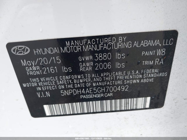 5NPDH4AE5GH700492 Hyundai ELANTRA SE
