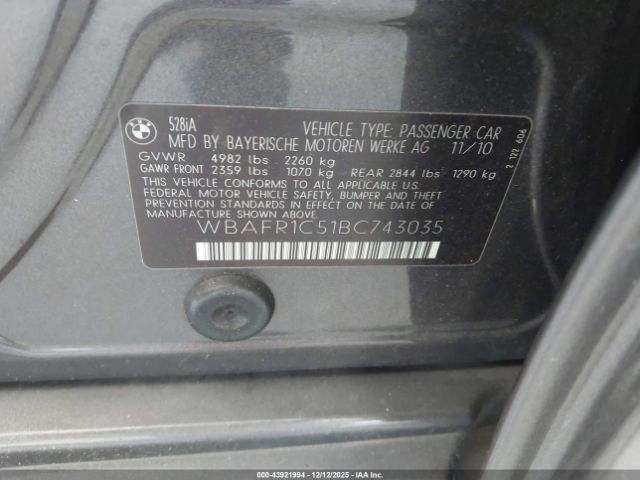 2011 BMW 528I WBAFR1C51BC743035 Photo 8