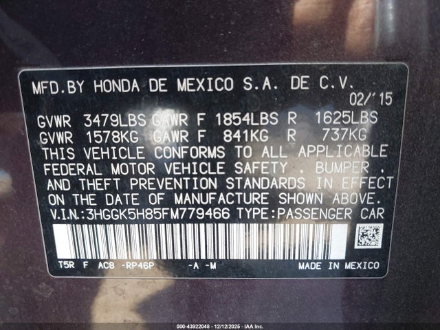 Продаж на аукціоні авто 2015 Honda Fit Ex/ex-l, vin: 3HGGK5H85FM779466, номер лоту: 43922048