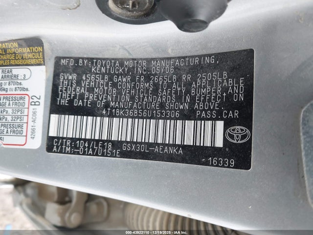 2006 Toyota Avalon Touring მანქანა იყიდება აუქციონზე, vin: 4T1BK36B56U153306, აუქციონის ნომერი: 43922110