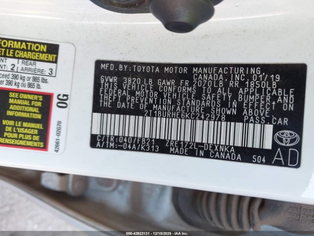 2019 TOYOTA COROLLA 2T1BURHE6KC242978 Photo 8