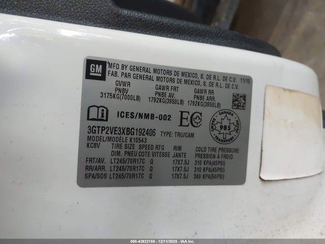 43922159 :رقم المزاد ، 3GTP2VE3XBG192406 vin ، 2011 Gmc Sierra 1500 Sle مزاد بيع