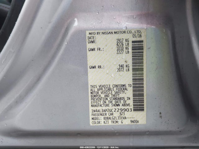 1N4AL3AP2GC229903 Nissan Altima 2.5/2.5 S/2.5 Sl/2.5 Sr/2.5 Sv