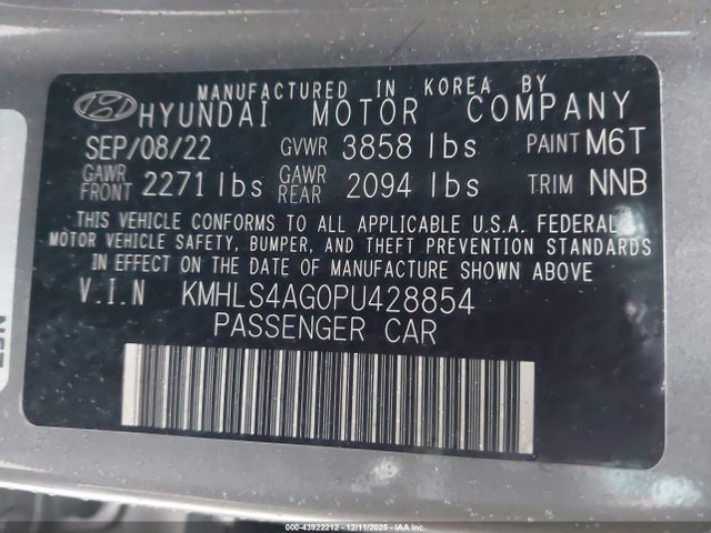2023 Hyundai Elantra Sel მანქანა იყიდება აუქციონზე, vin: KMHLS4AG0PU428854, აუქციონის ნომერი: 43922212